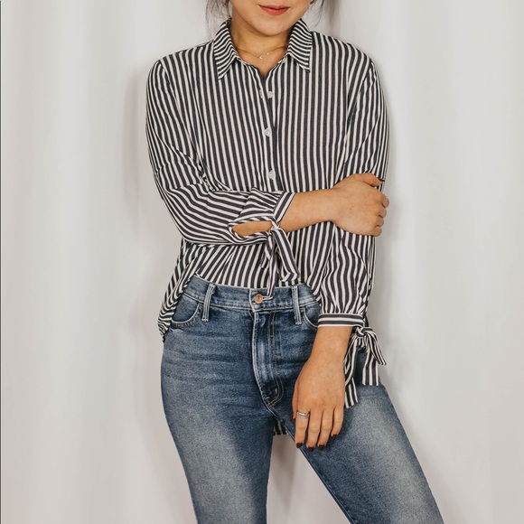 Striped Button Down Blouse - Charcoal - Picture 2 of 4